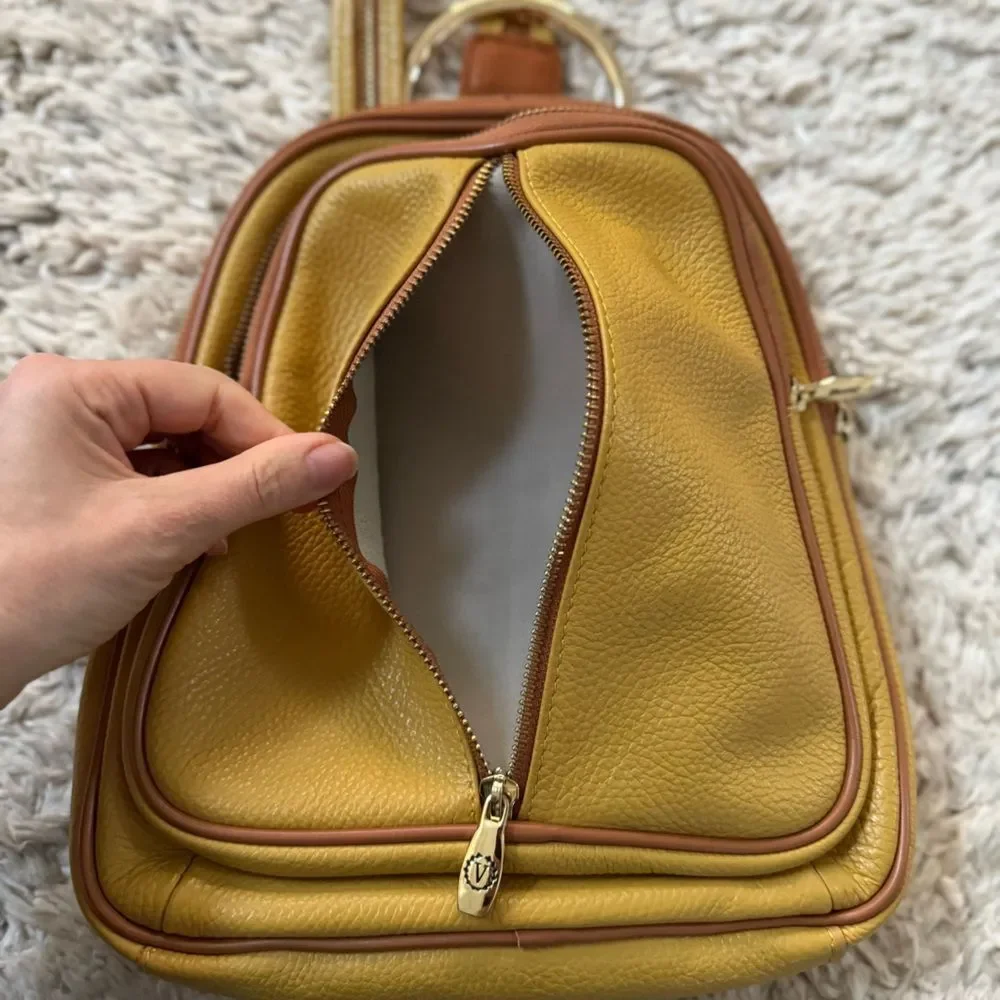 VALENTINA Convertible Sling Pebbled Italian Leather Backpack in Mustard Yellow a